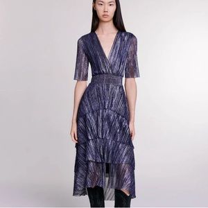 Maje Paris Full Lamé Dress with Ruffles Silver and Blue Sheer Back